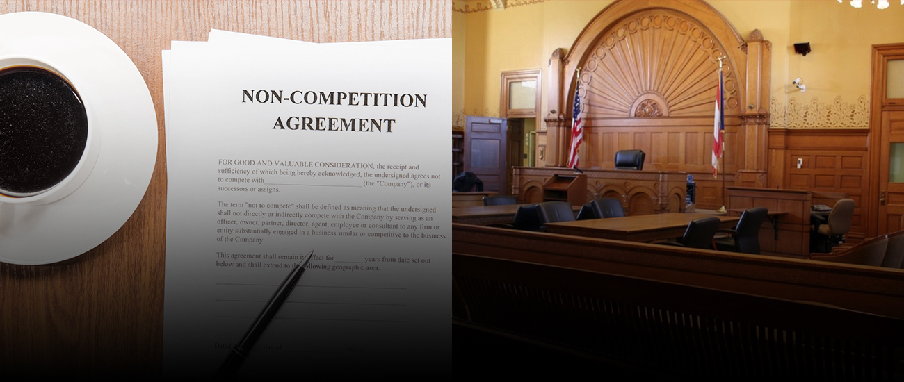 A banner featuring an overhead photograph of coffee, a pen, and a non-competition agreement on the left, and a photograph of a court on the right side